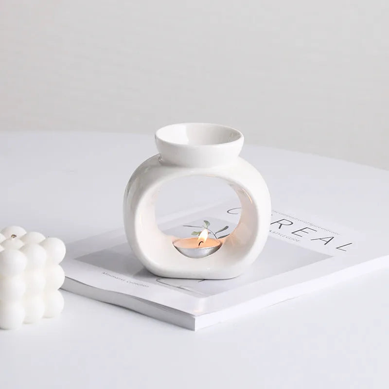 White Nordic style ceramic aromatherapy stove ornament with single colour glaze finish