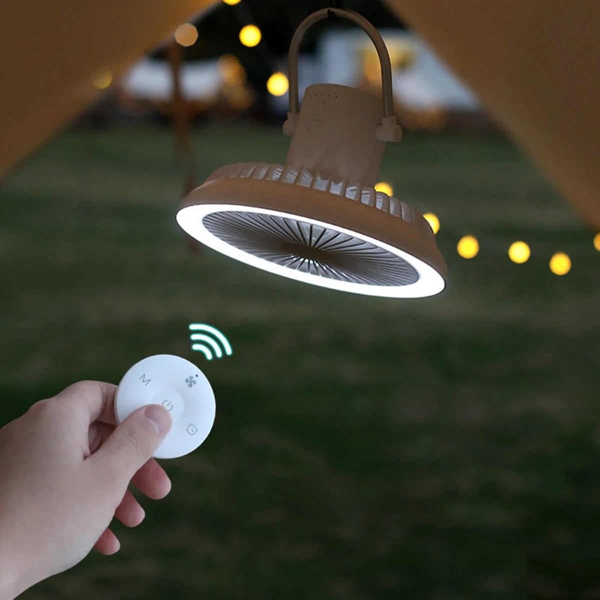 Portable tripod camping fan with detachable aluminium alloy stand, USB rechargeable battery, and hanging hook
