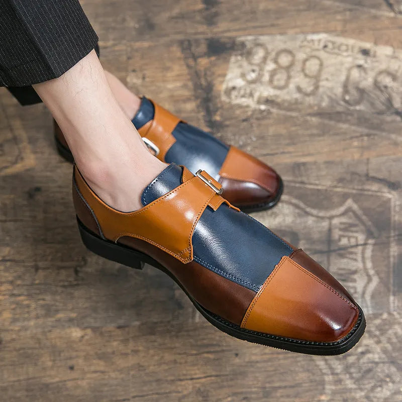 Men's British style retro buckle casual leather shoes in black and brown-blue colours