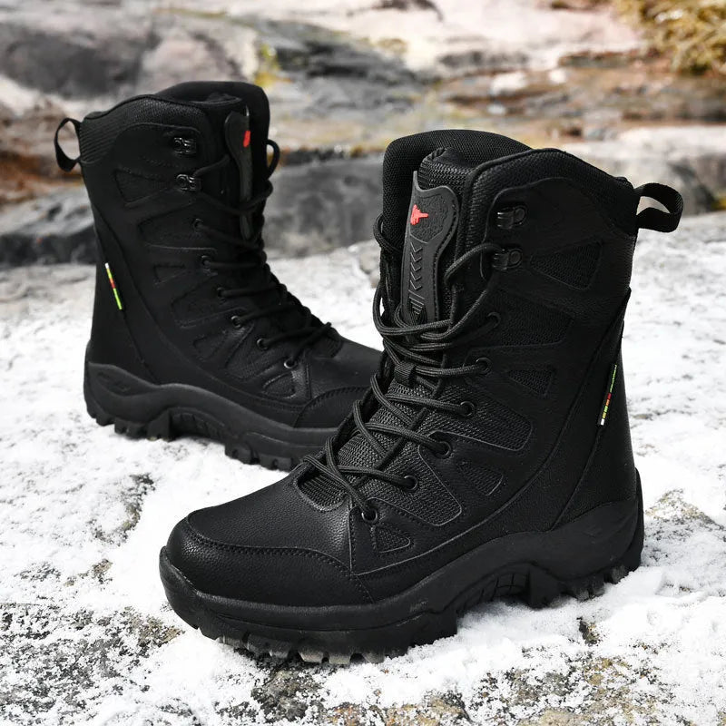 Cowhide leather hi-top hiking platform sneaker in beige colour on a neutral background