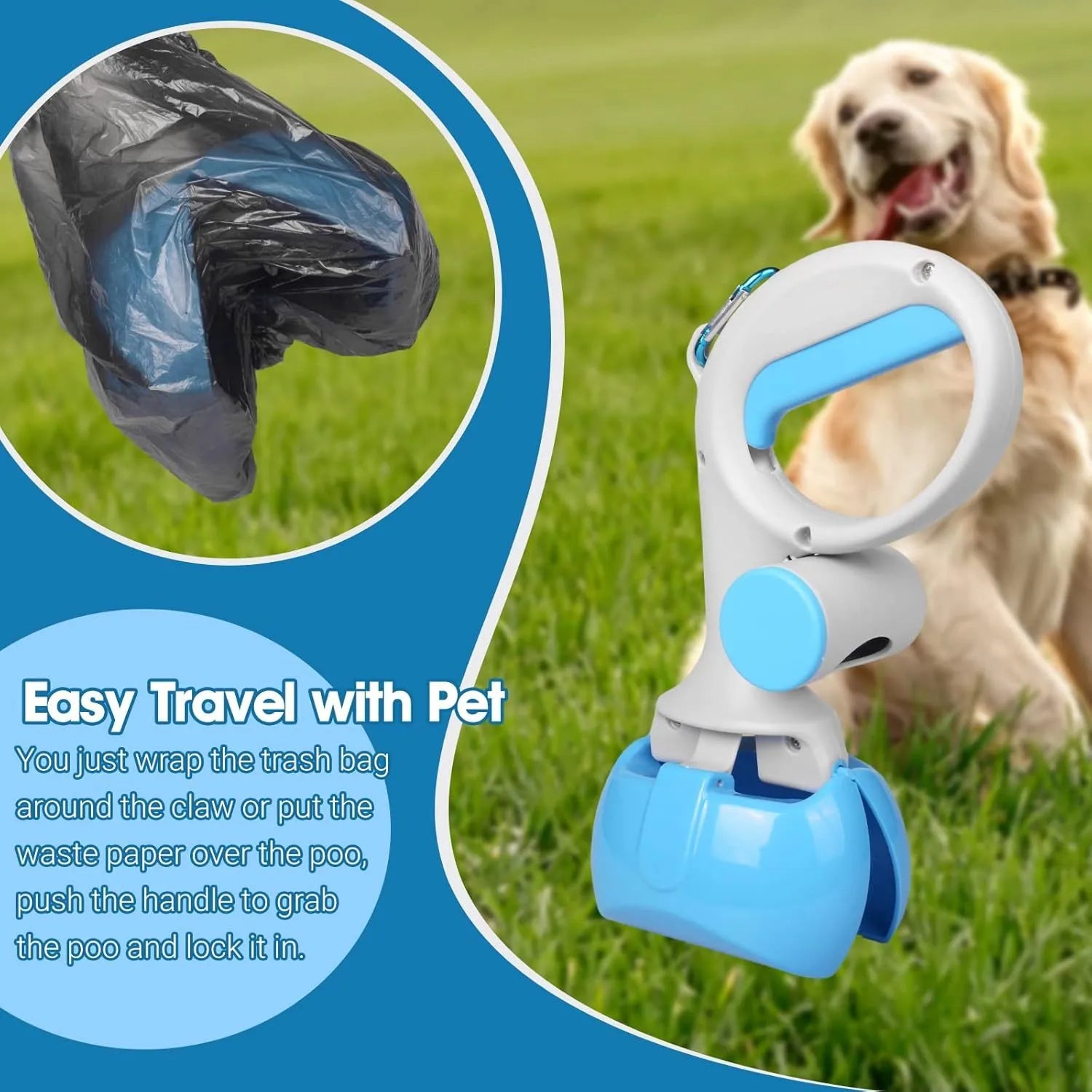 ABS plastic pet pooper scooper with built-in trash bag holder in four colour options
