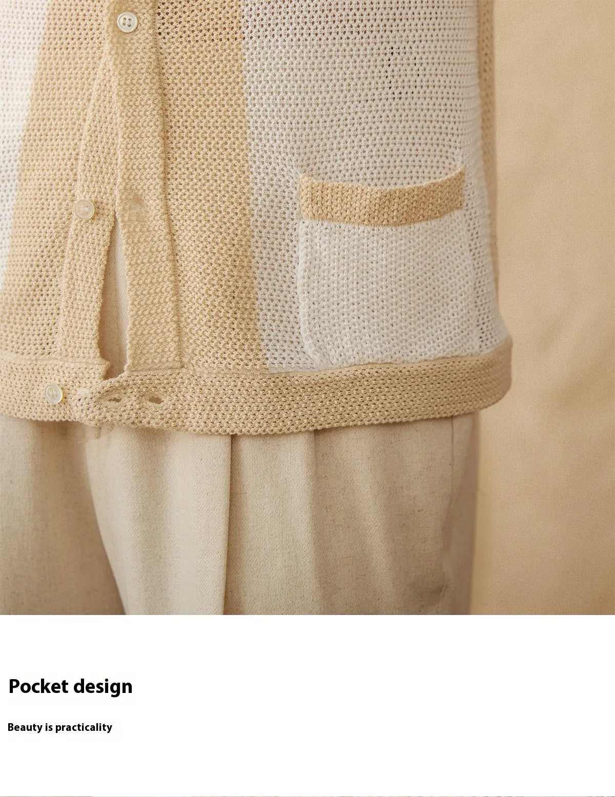 Beige short-sleeved lapel cardigan made from a thin linen and cotton knit fabric.