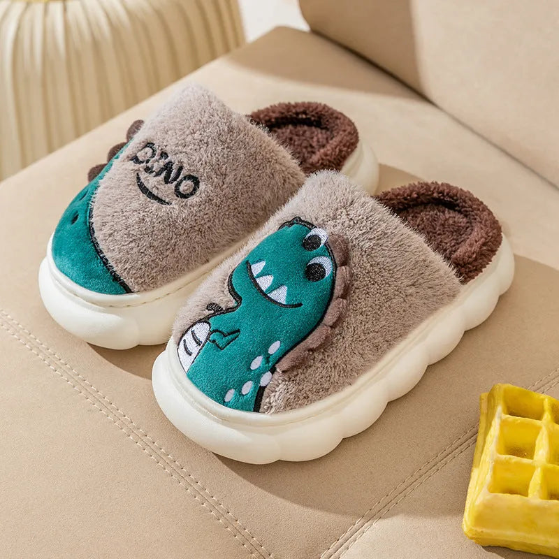 Cotton plush couple slippers with dinosaur designs in coffee, grey or orange yellow colours