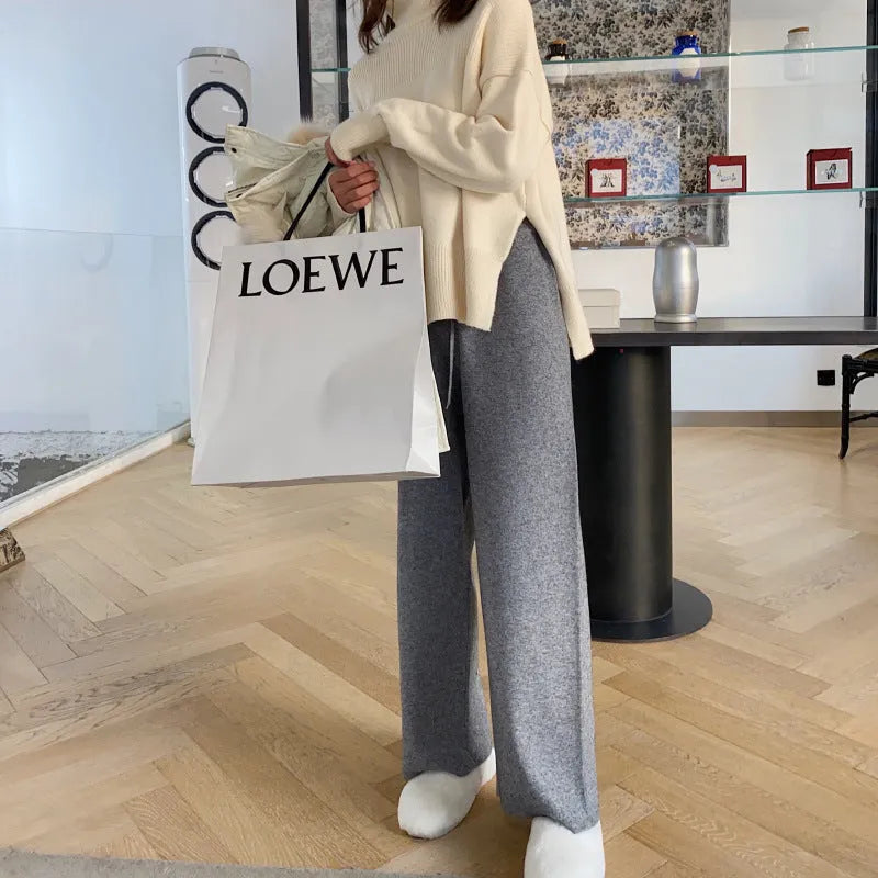 Women's high-waisted thick knitted wide-leg trousers in cream white for autumn winter wear