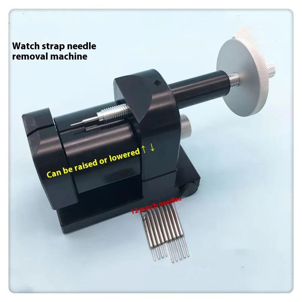 Alloy steel watch strap removal machine tool on a bench, showing compact size and components.