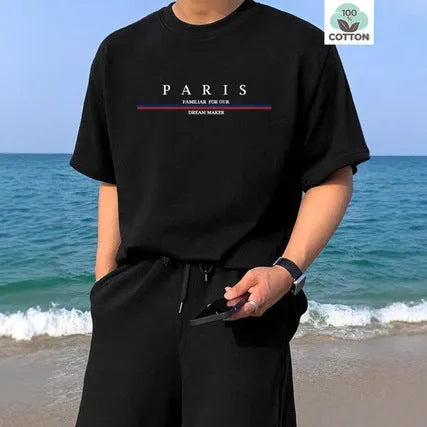 Men's loose-fit short-sleeved T-shirt with a printed letter design, shown in apricot colour.