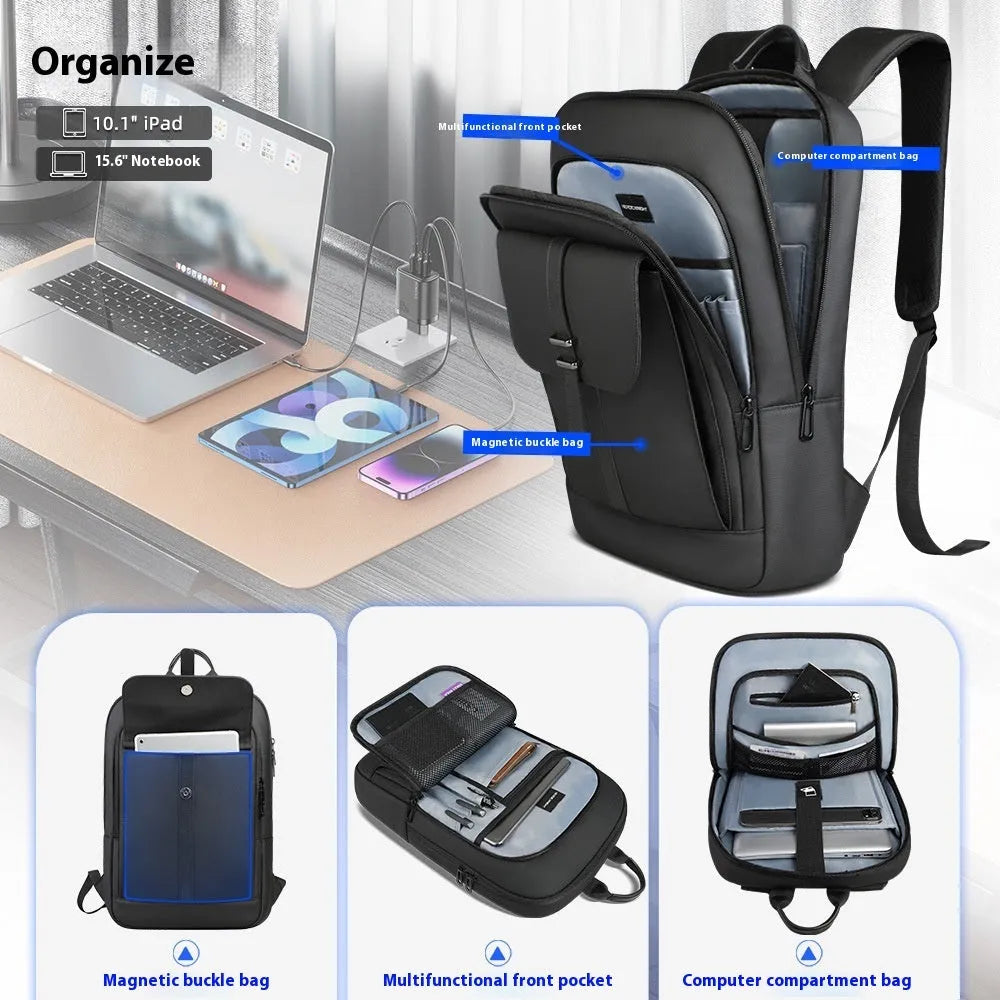 Black Oxford cloth backpack with sewing line detailing for business and urban use
