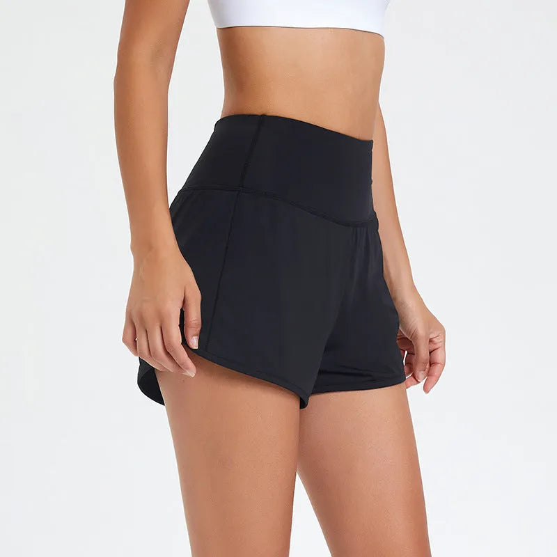 Women's black nylon fitness shorts with high waist anti-exposure design for summer sports