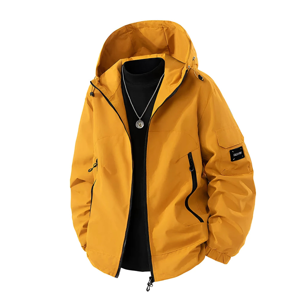Brand loose cargo windproof jacket in black polyester, cardigan style, size M, with zip front and pocket details