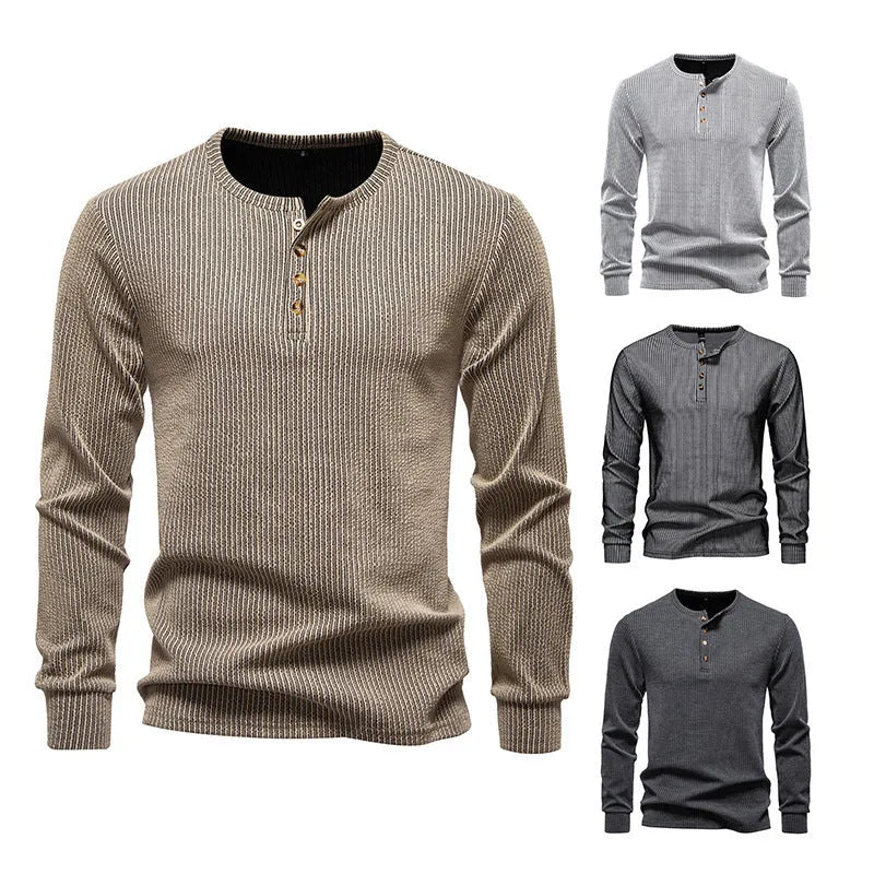 Men's striped long sleeve slim fit T-shirt in white, dark gray, black or khaki, sizes S to 2XL