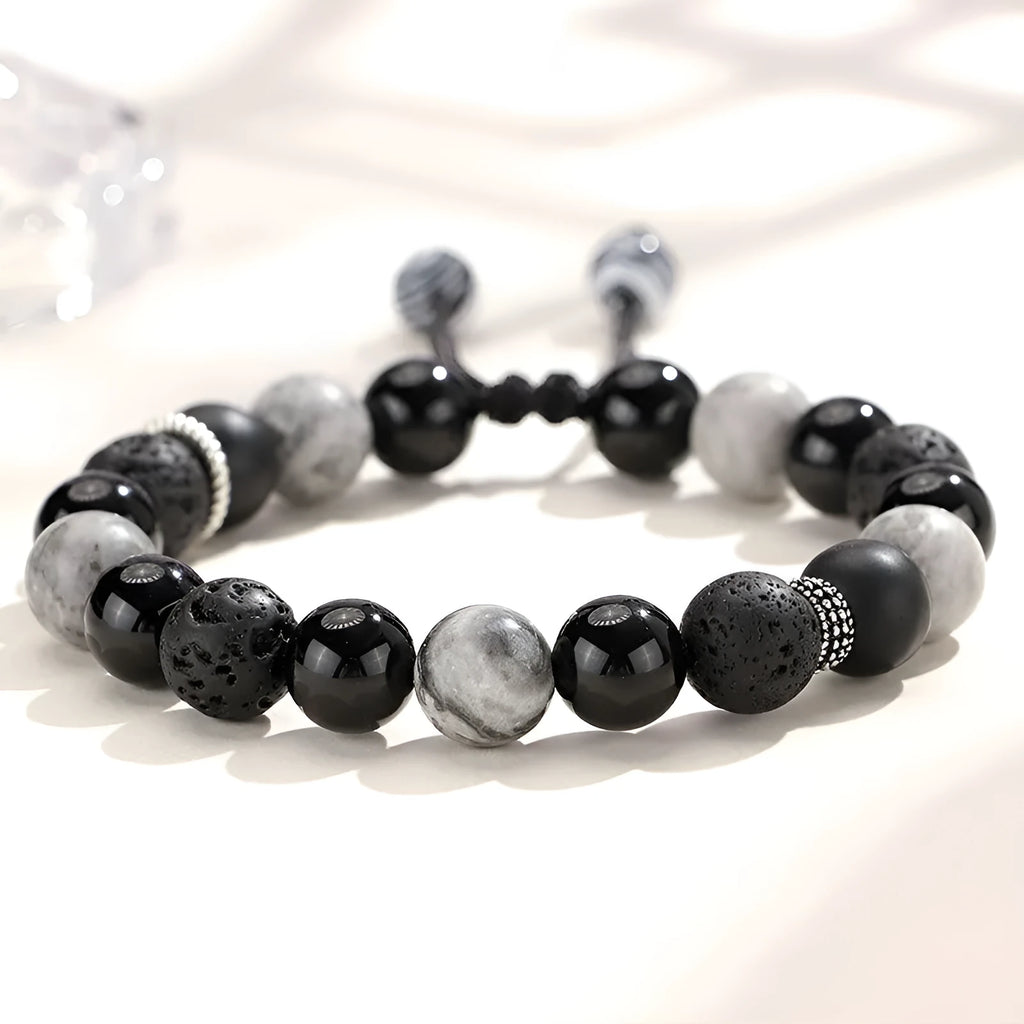 Black agate map stone volcanic rock bracelet with diamond cut stones in new Chinese style