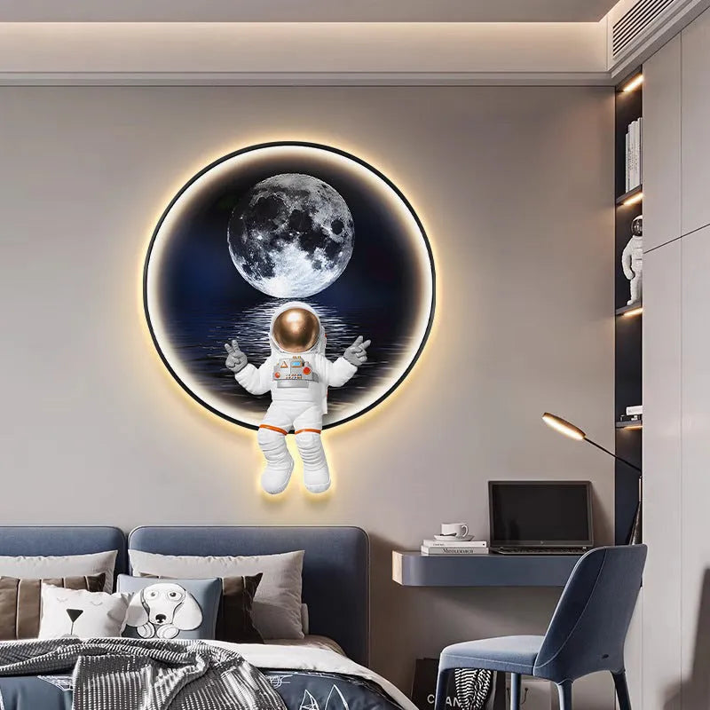 Frameless canvas spaceman wall painting in children's room with bedside lamp feature