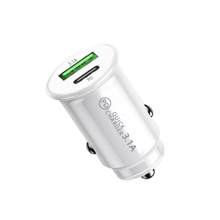 Black dual port car charger with USB-A and USB-C ports for 12V/24V vehicle charging