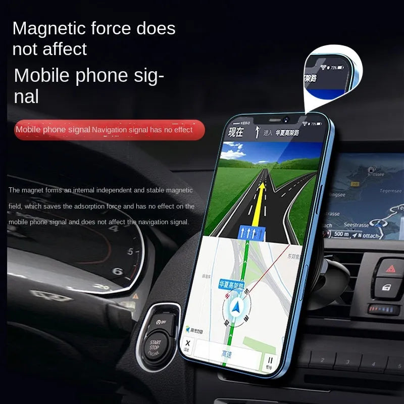 Black aluminium alloy magnetic car air vent phone holder mounted on a vehicle dashboard