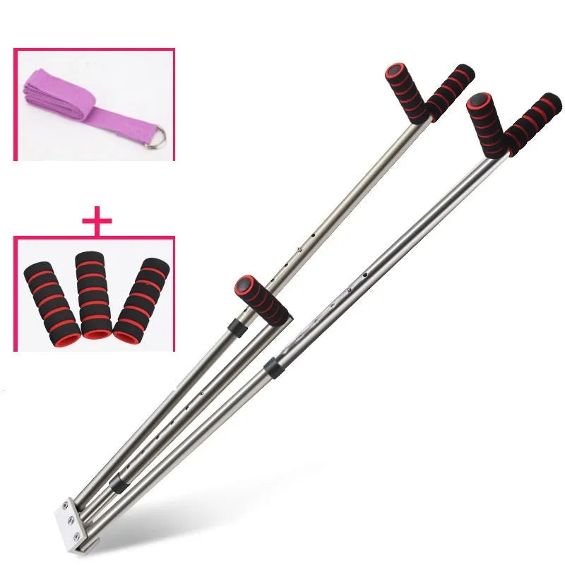 Leg stretcher with two extension bars, centre handle, five adjustable positions and soft foam grips, in Black or White