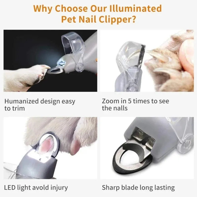 Yellow handled pet nail clippers with built-in LED light and magnifying glass for dog and cat grooming.