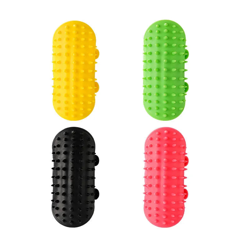 Silicone cat grooming comb scratcher with adjustable strap mounted on a table leg