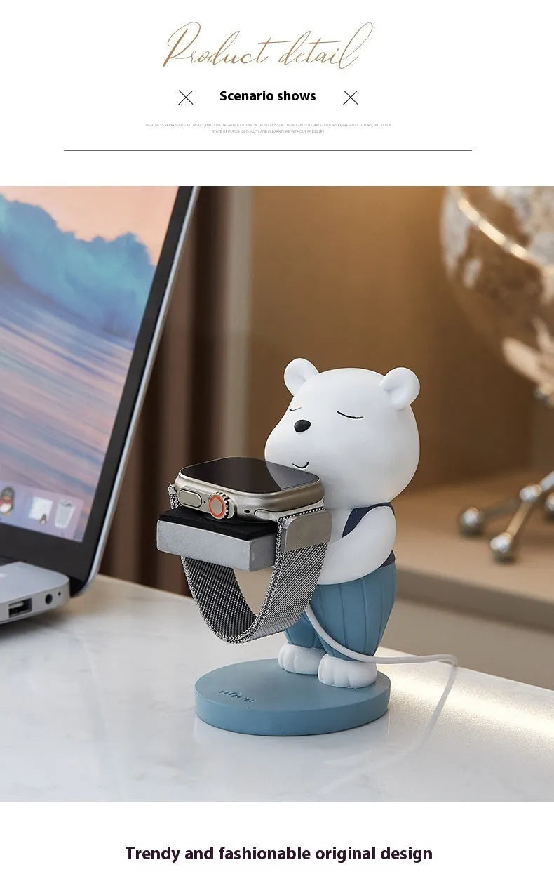 Cartoon baby bear resin watch charger bracket with square support base for bedside table or desk