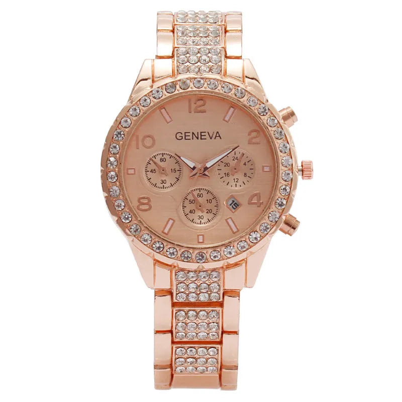 Women's three-eye quartz watch with diamond-set dial, stainless steel case, 38.7mm, in silver, gold or rose gold