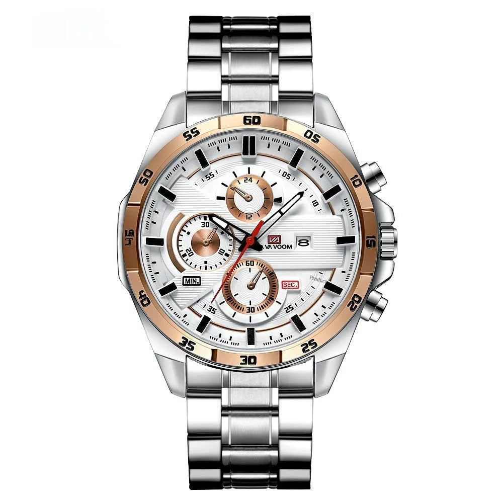 Men's business calendar waterproof quartz watch showing 10mm thickness and colour options