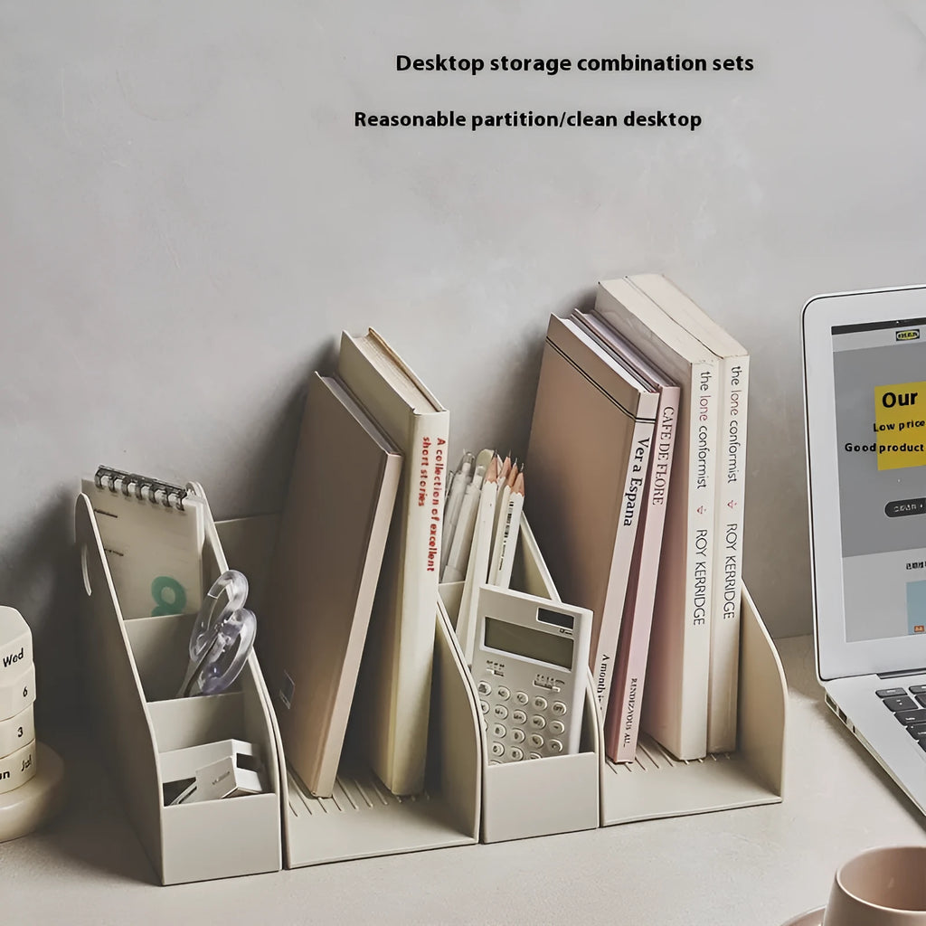 Desktop storage box with two grid compartments in milk coffee colour, dimensions 14.5x17x22cm