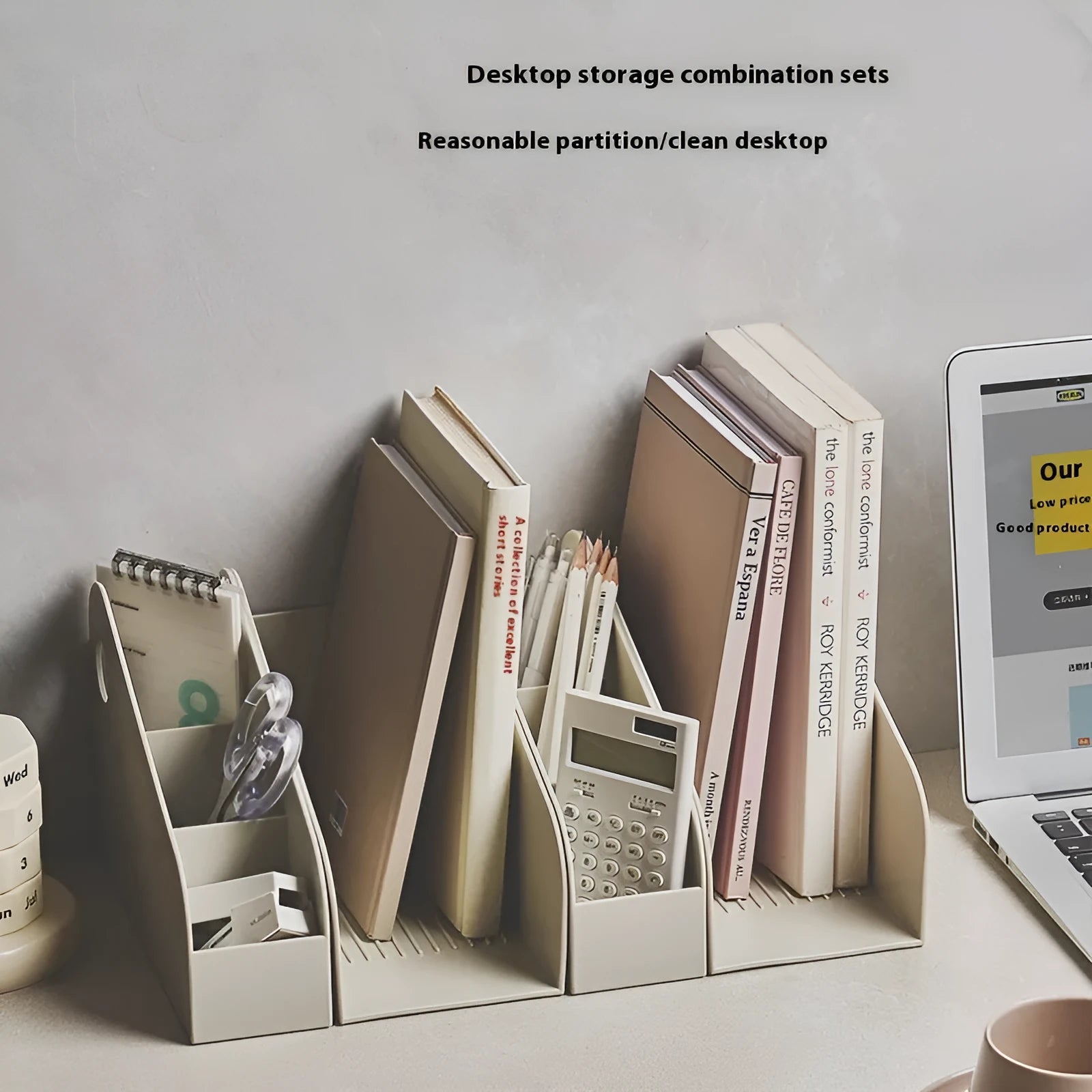 Desktop storage box with two grid compartments in milk coffee colour, dimensions 14.5x17x22cm