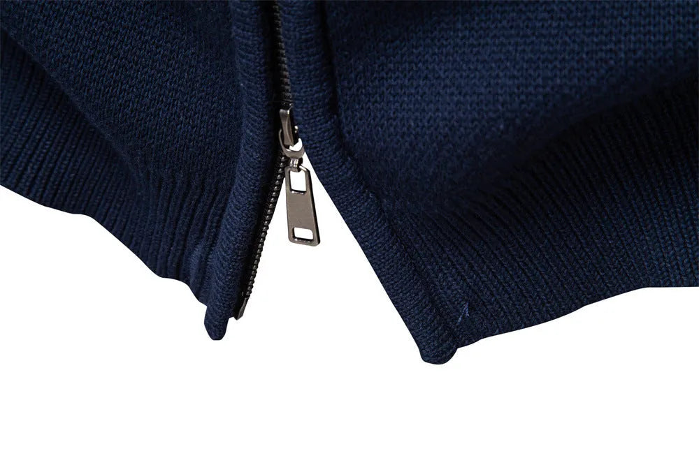 Apricot men's slim fit cotton zipper knitted sweater jacket against a plain background