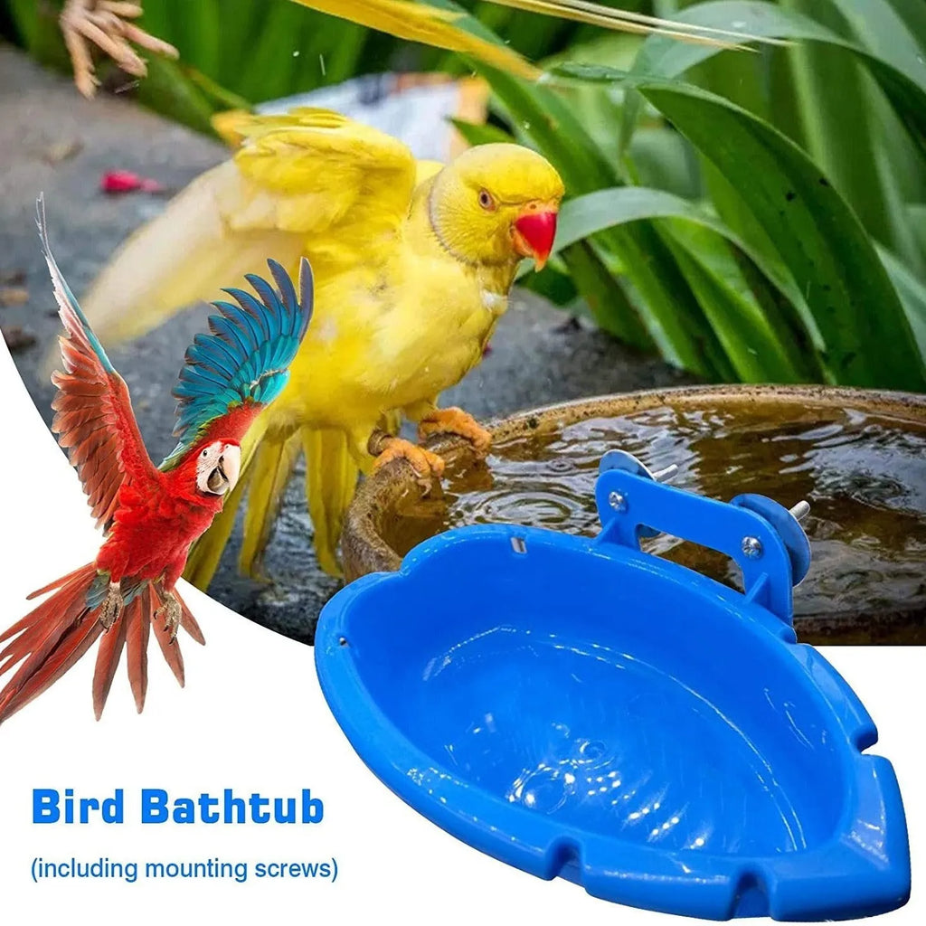 Multifunctional plastic bird bath and feeder box for birds, shown with optional rattan balls or plastic balls.
