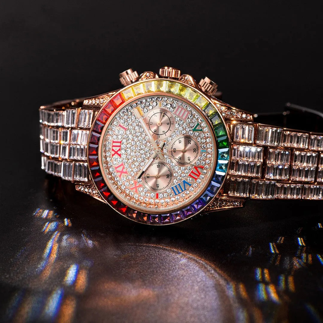 Three eyes rainbow diamond quartz watch for men with 33mm circular dial, gold colour option and 30M waterproof rating