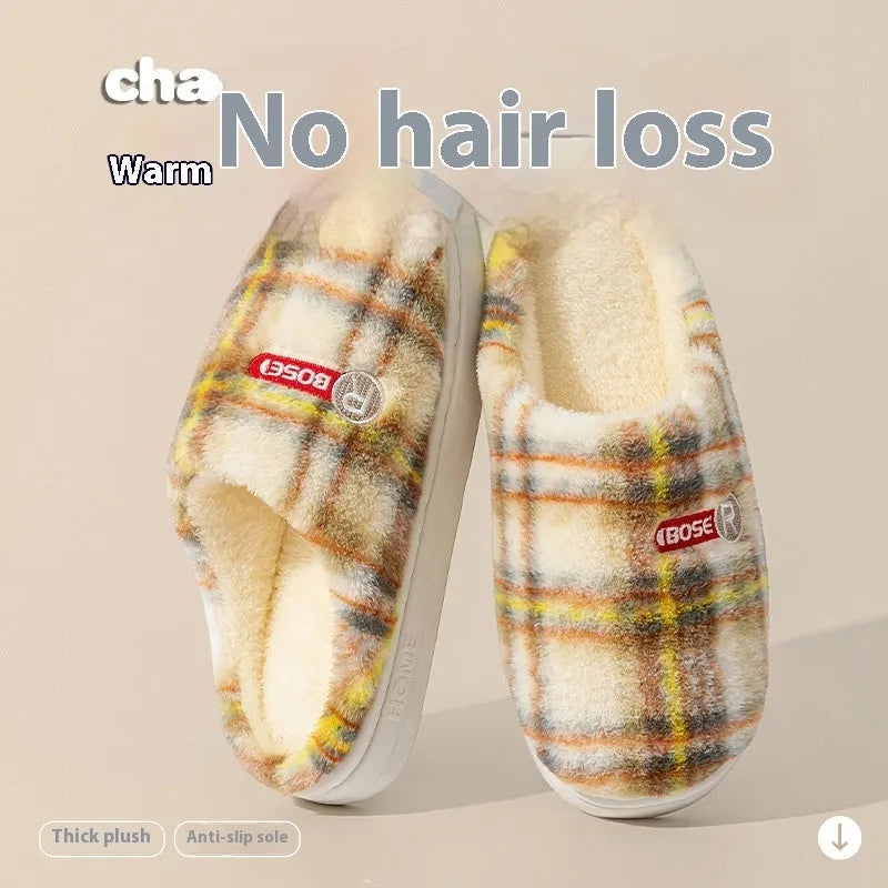 Women's plush warm non-slip plaid cotton shoes with PVC sole in yellow, green, purple, grey or coffee, sizes 36-45