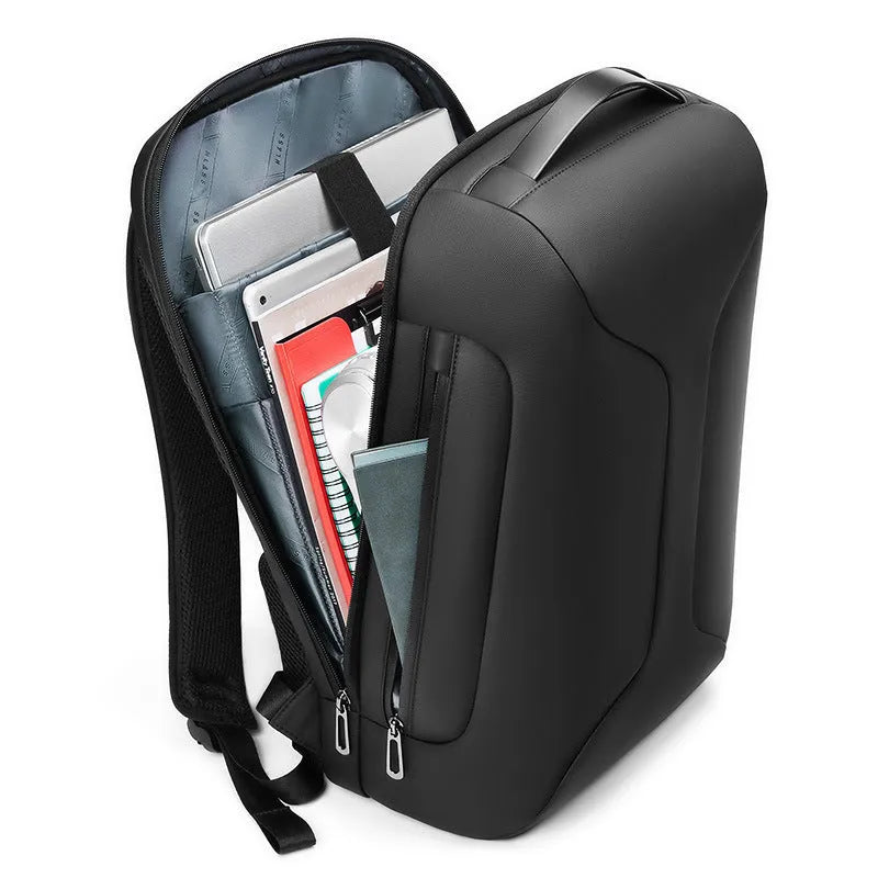 Men's business travel backpack in black Oxford cloth with large capacity and air pillow belt