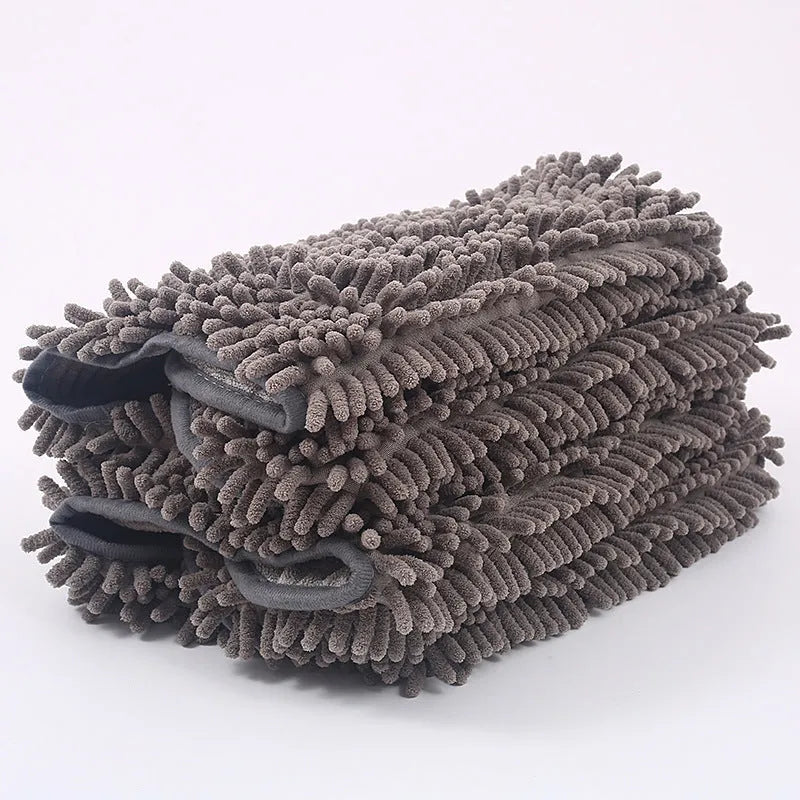 Grey chenille pet towel made from fibre for drying dogs and pets after a bath or swim