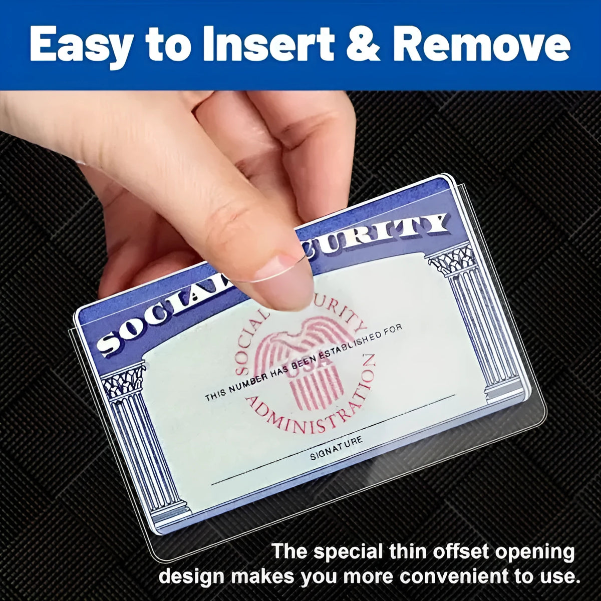 Transparent PVC waterproof cover for a social security card, showing dimensions of 9.7 by 5.9 centimetres.