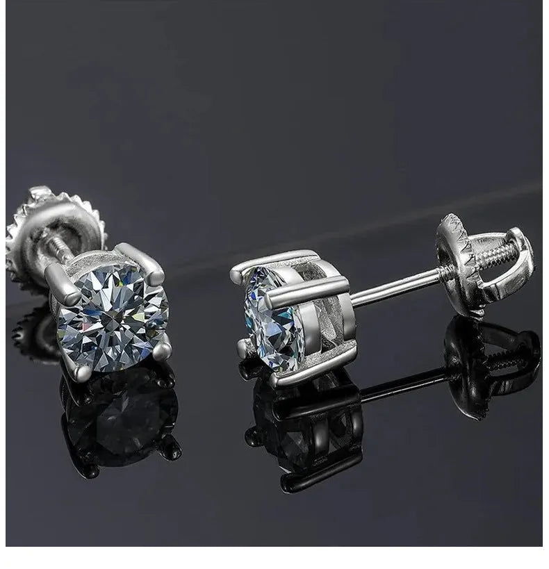 Sterling silver moissanite screw back stud earrings with geometric cut and four-claw setting