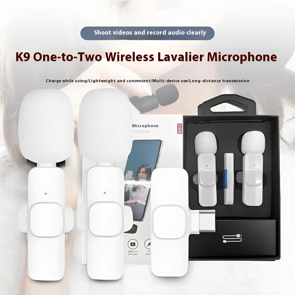 White wireless neckline clip microphone, one-to-two option, 20Hz-20KHz frequency range, for recording and interviews