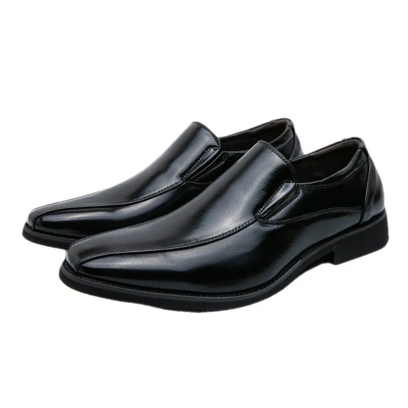 Men's black pointed-toe patent leather look casual slip-on shoes with a flat rubber sole.