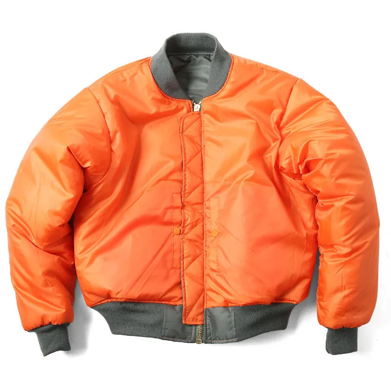 Men's army green cotton-padded pilot jacket with a loose fit and zipper front.