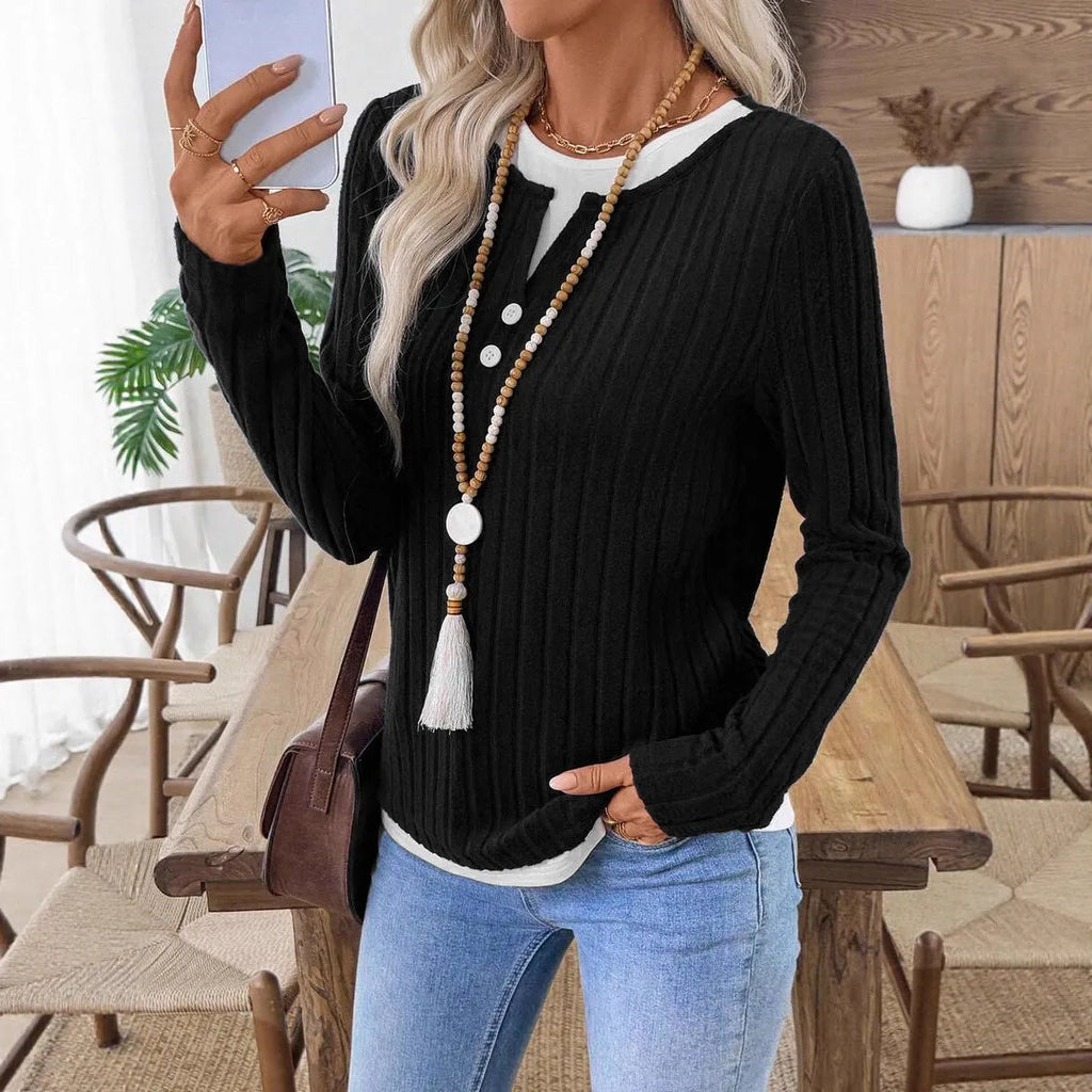 Women's fake two-piece round neck button pullover grinding sweater in concave stripe polyester.