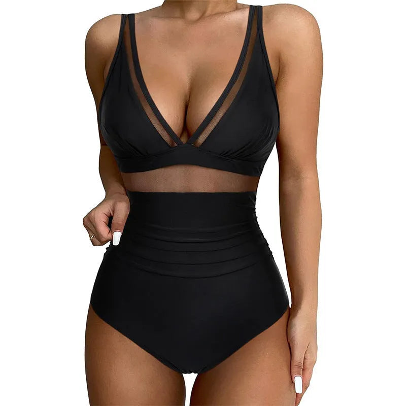 Black mesh halter neck one-piece swimsuit for women with briefs style