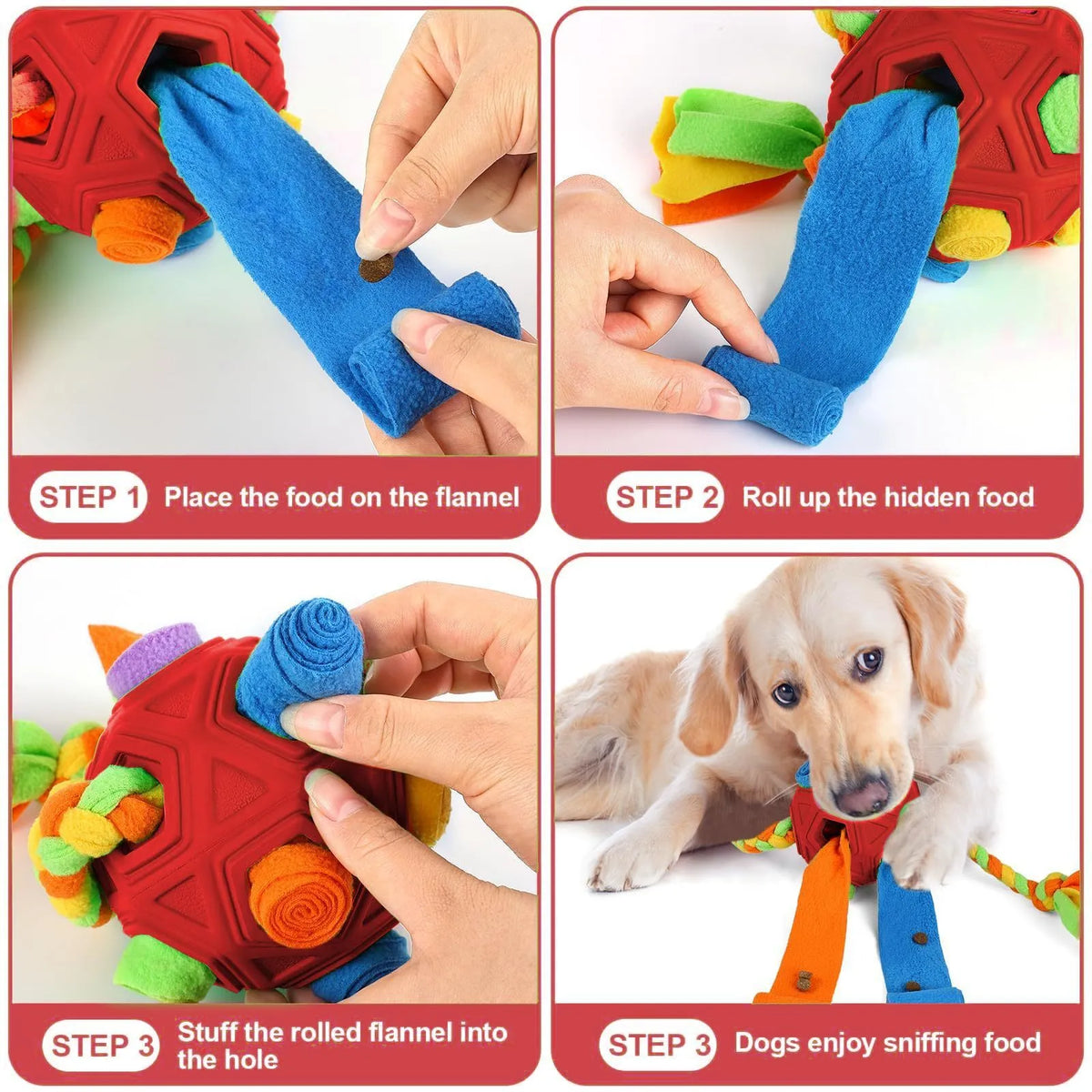 Pet Sniffing Ball dog puzzle toy in blue, green, orange, pink, purple, red, redgreen, or yellow colours
