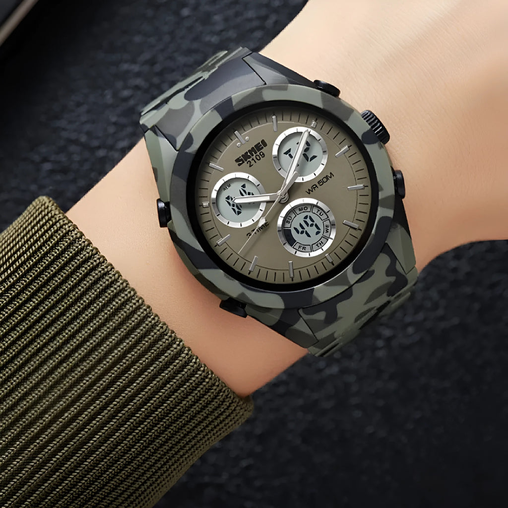 Unisex casual electronic watch with camouflage strap on a wrist, showing resin face and stainless steel buttons.