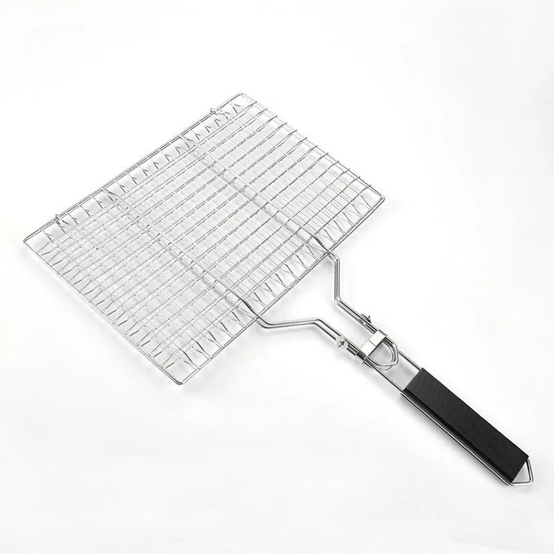 Square stainless steel folding barbecue mesh basket for grilling food outdoors.
