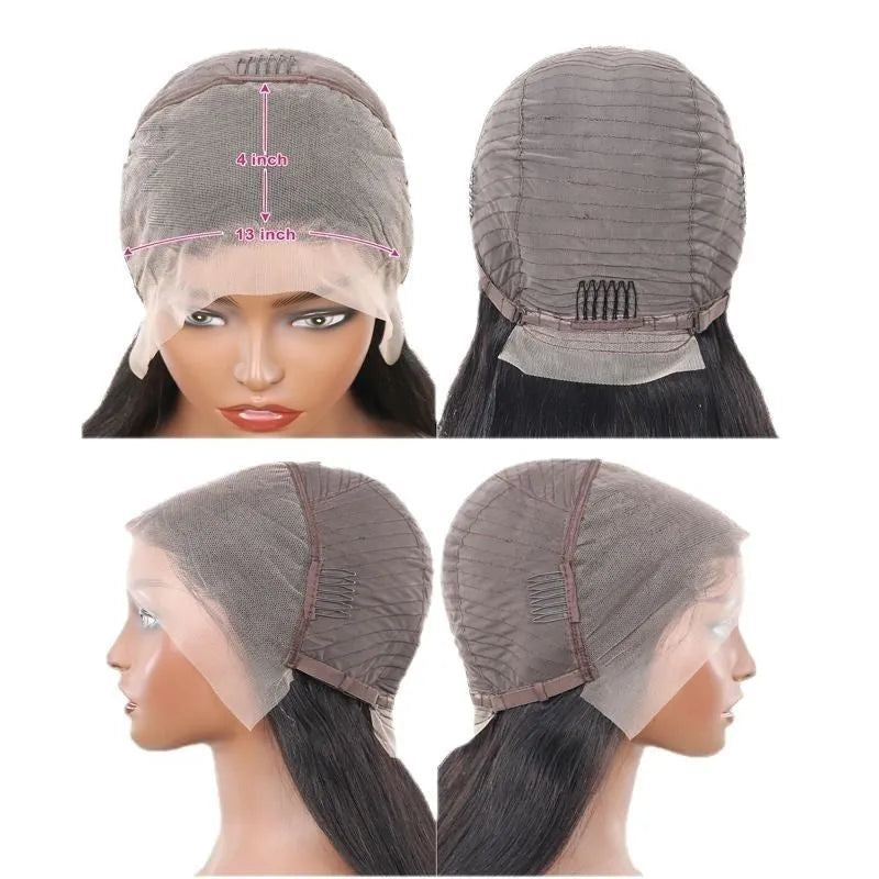 13x4 straight lace front wig in human hair, hand woven, with centre-parted bangs and long straight style.