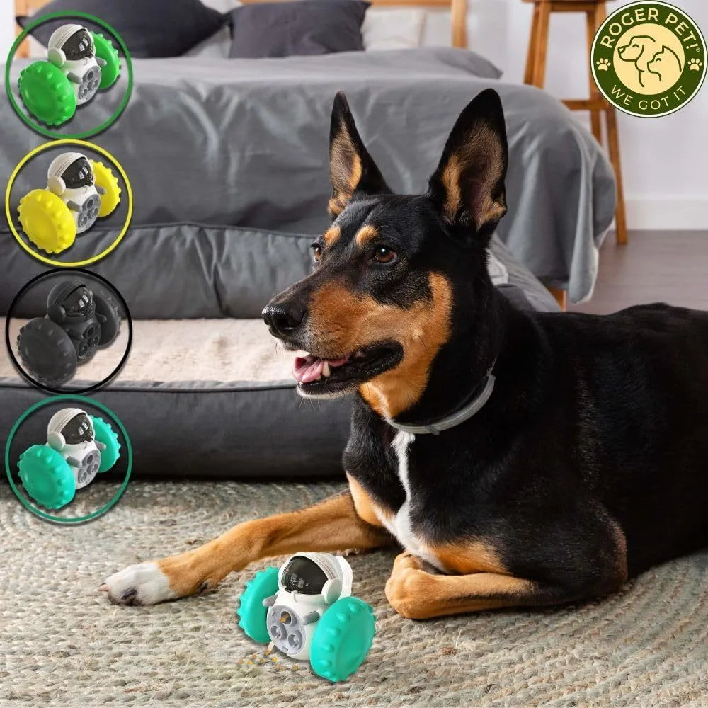 Robot-like self-balancing dog treat dispenser toy for small pets.