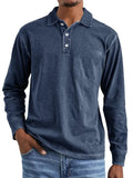 Men's retro washed distressed cotton long sleeve polo shirt with a pointed lapel collar