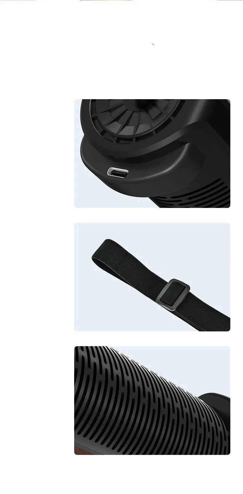 Compact black bladeless car ventilation fan with USB cable on a car dashboard.