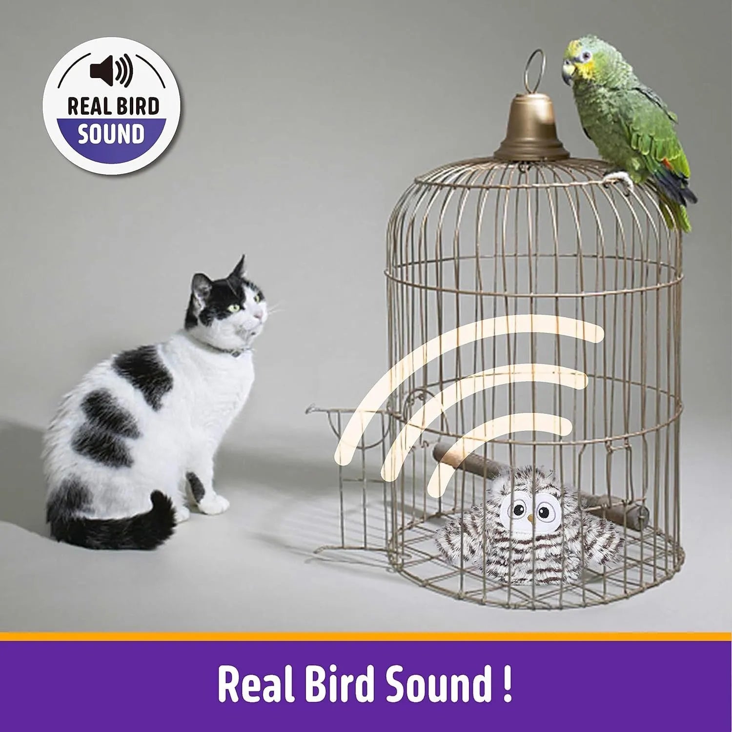 Grey automatic owl cat toy with flapping wings for indoor feline play