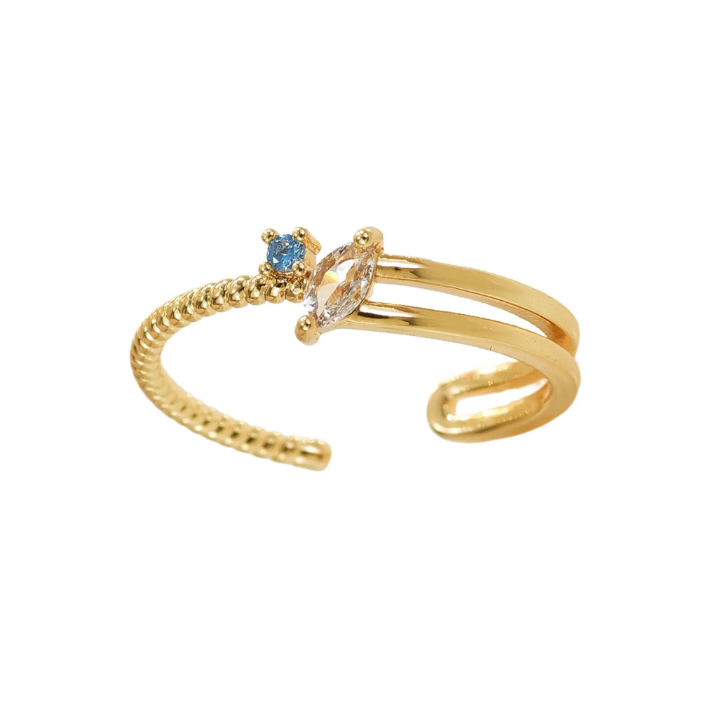 Adjustable copper ring for women with gold or silver electroplated finish and geometric line design