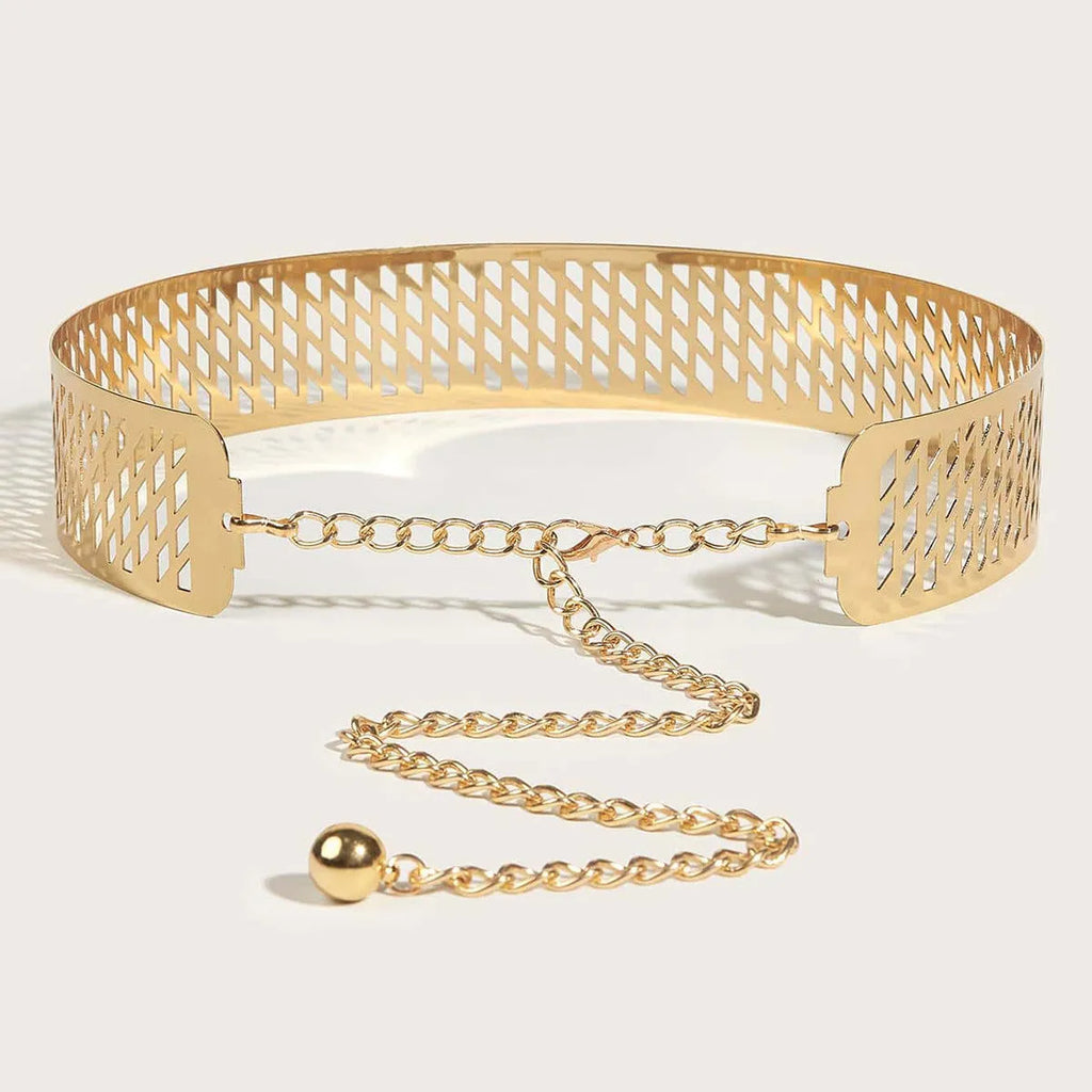 Gold iron waist belt with lantern head decoration, shown with hook clasp and measuring 105cm long.