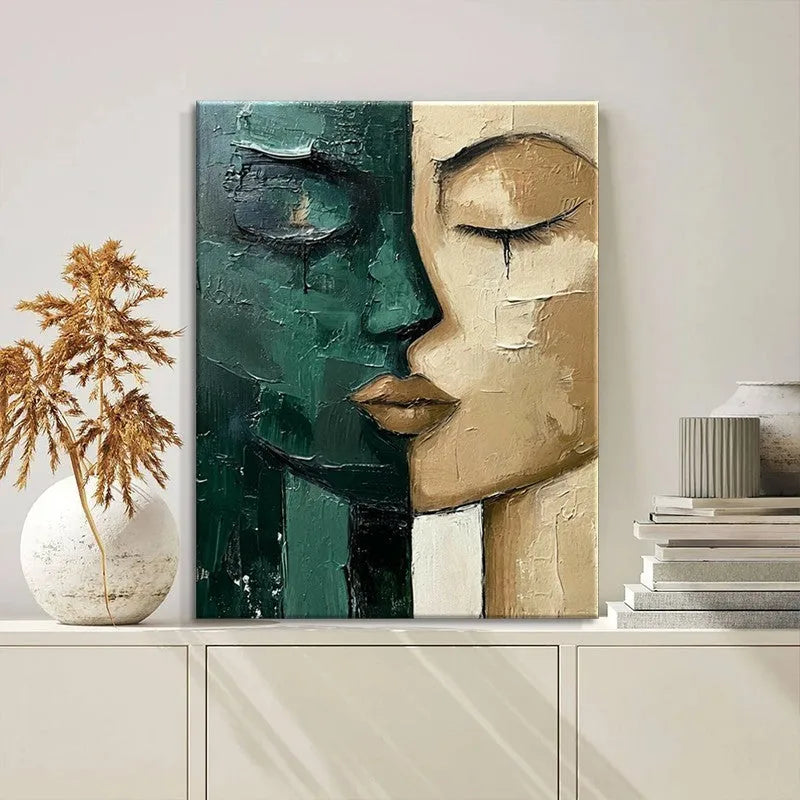 Hand-painted oil painting on canvas, green and beige face, modern vertical one-panel wall art without frame